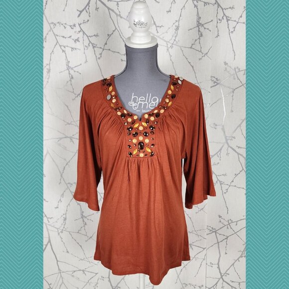 Reba Orange Cotton Blend Beaded Jewel Half Sleeve Top - Picture 1 of 5